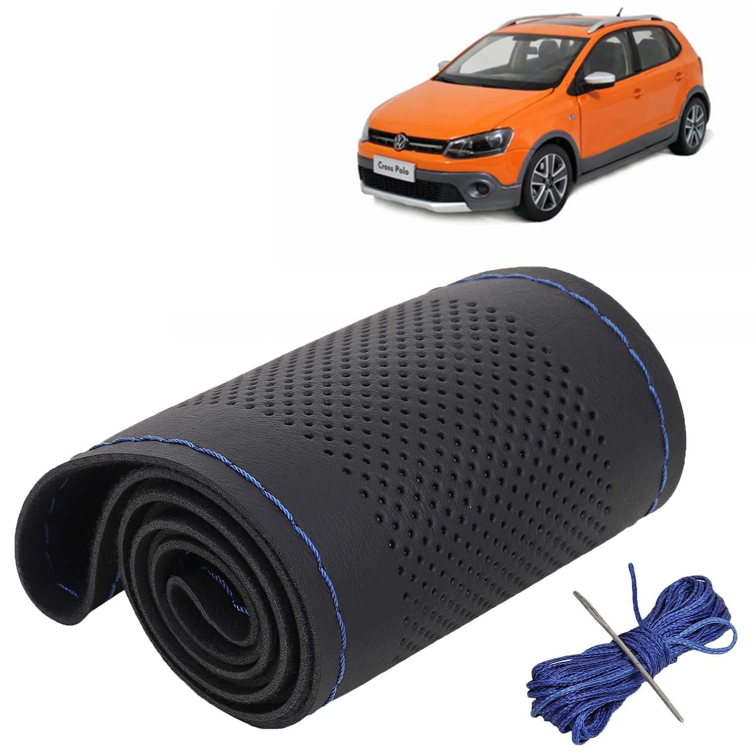 Volkswagen Polo Cross Car Steering Wheel Cover PU Leatherite Sewable Compatible with (Year 2010 Onwards), Black Color with Blue Thread, Pack of 1 with Sewing Needle and Thread