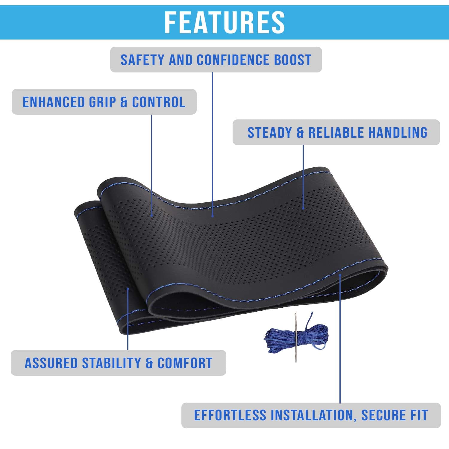 Volkswagen Polo Cross Car Steering Wheel Cover PU Leatherite Sewable Compatible with (Year 2010 Onwards), Black Color with Blue Thread, Pack of 1 with Sewing Needle and Thread